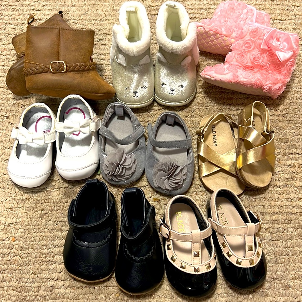 Bundle of baby girl shoes sizes 1 and 2 carters stride right and more